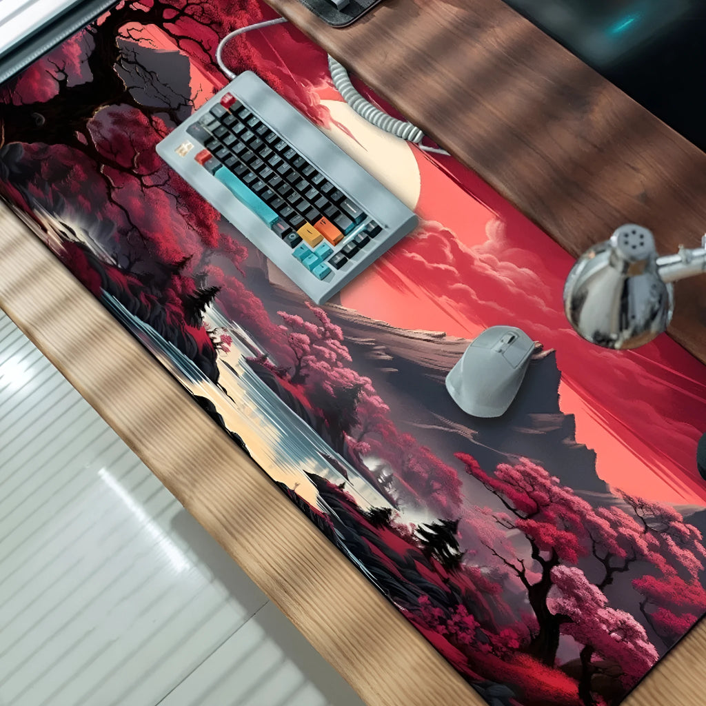 Custom anime print gaming mouse pad with non-slip rubber cloth base on a desk.