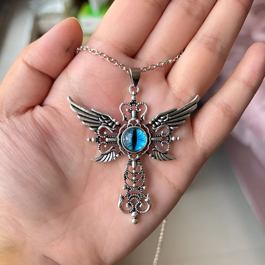 Alloy devil wings and cross geometric pendant necklace on a chain in blue, green, purple, red, and yellow colour options.