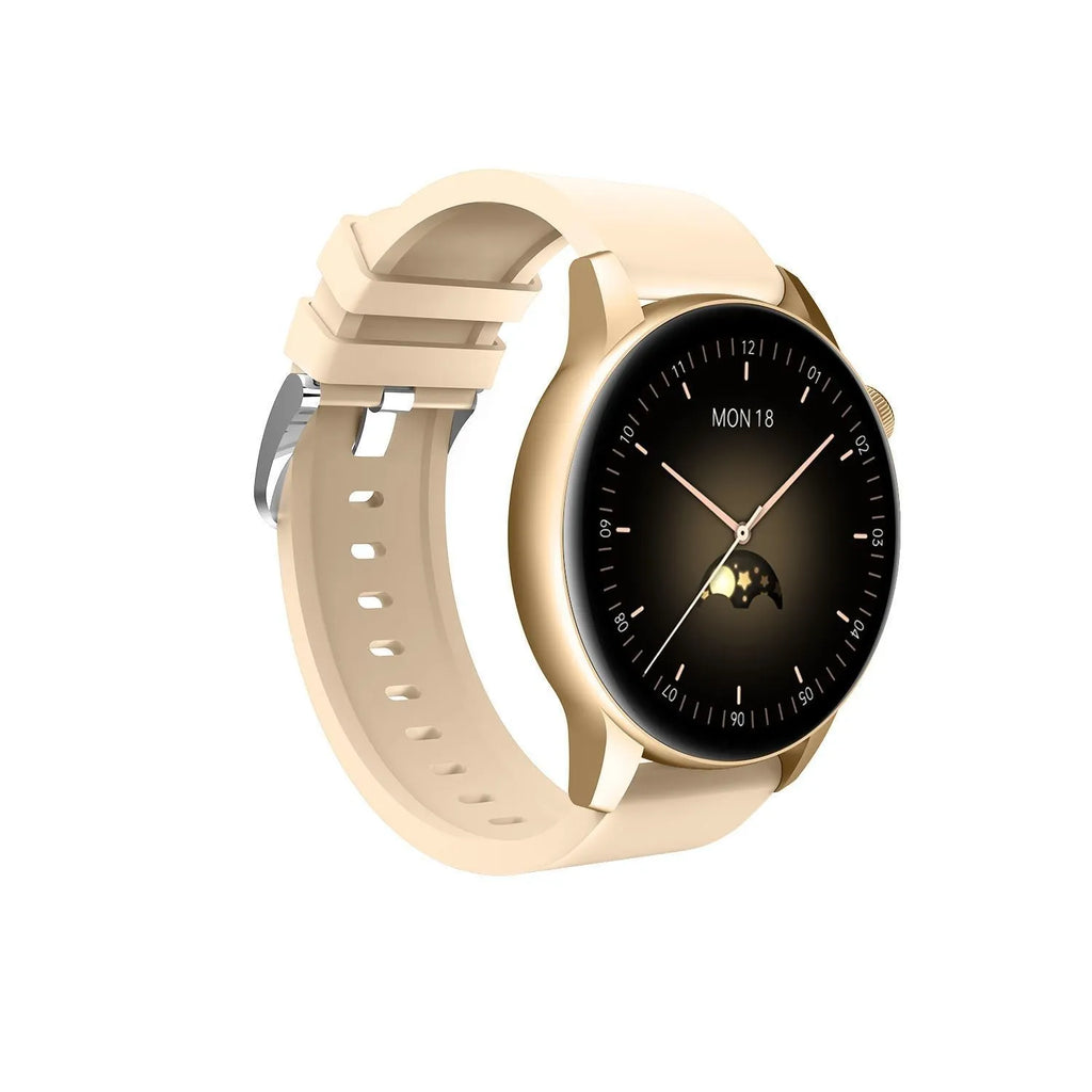 Black stainless steel smart watch with a circular colour screen showing a watch face.