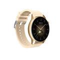 Black stainless steel smart watch with a circular colour screen showing a watch face.