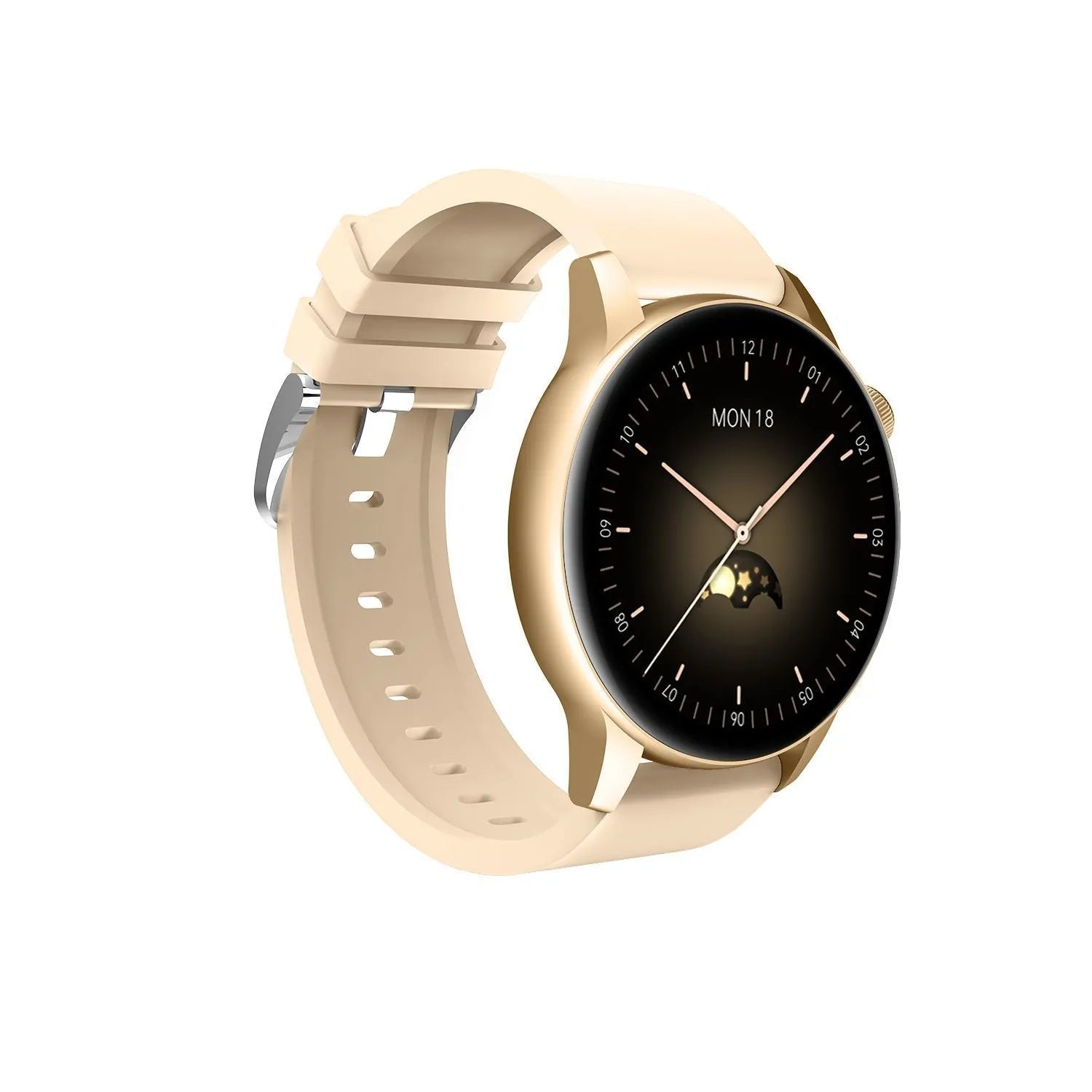 Black stainless steel smart watch with a circular colour screen showing a watch face.