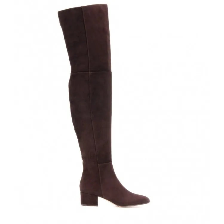 Grey women's suede over-the-knee flat boots with a pointed toe and low thick heel.