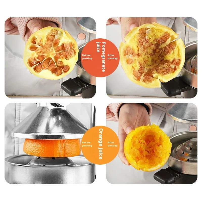 Black cast iron manual citrus juicer with stainless steel strainer and aluminium pressing gland
