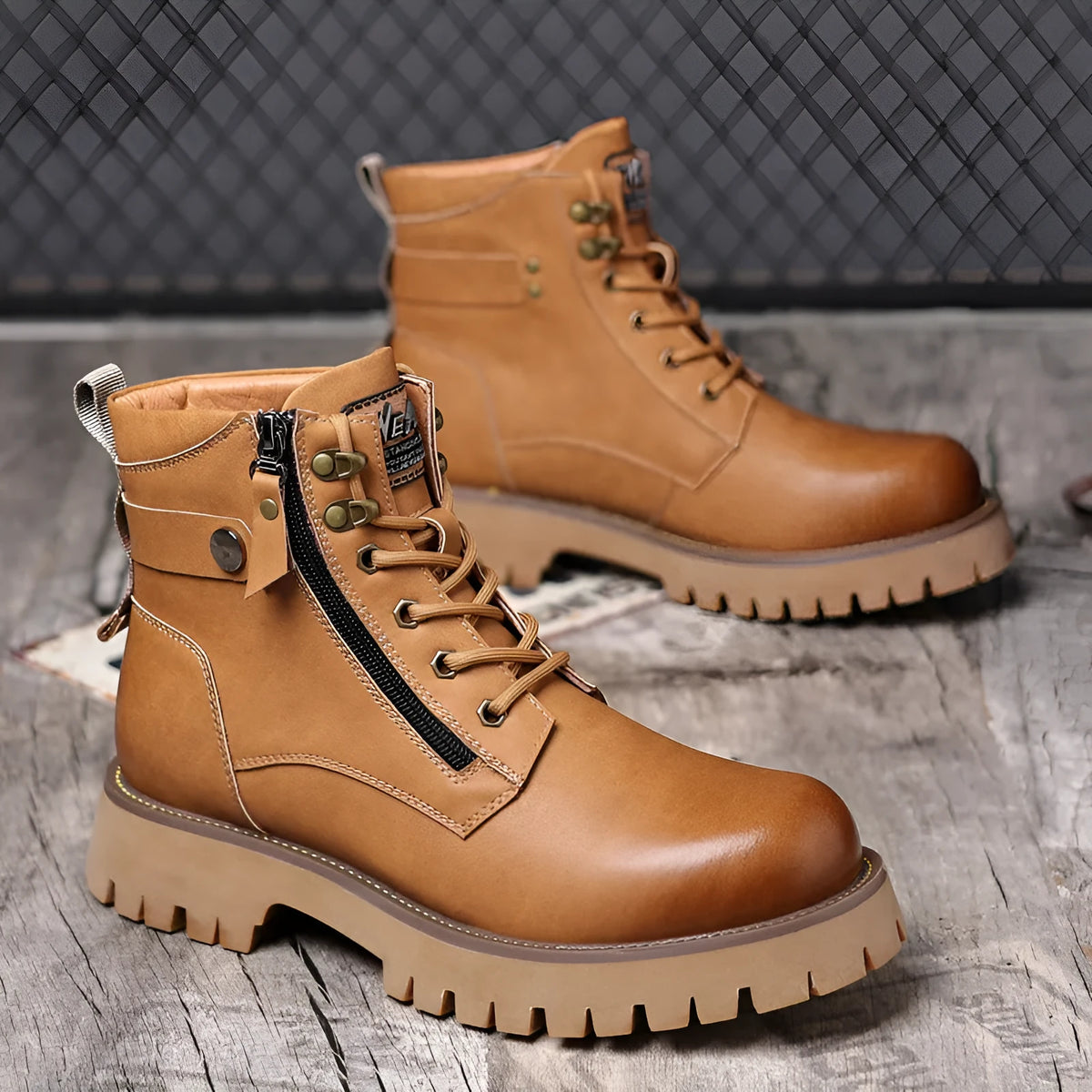 Men's brown leather high-top Martin boots with side zipper and round toe