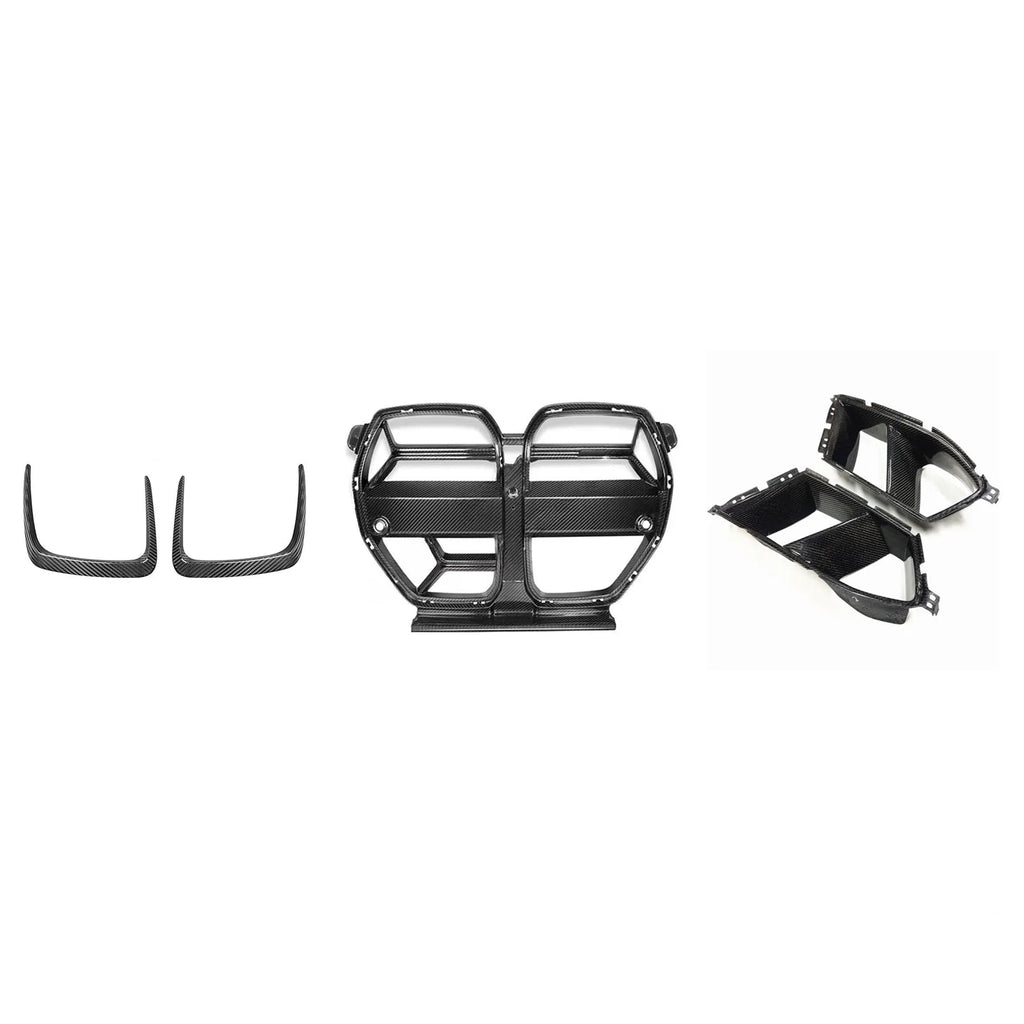 Dry carbon fibre front bumper grille for BMW M3 M4 G80 G82 with 3K weave pattern.