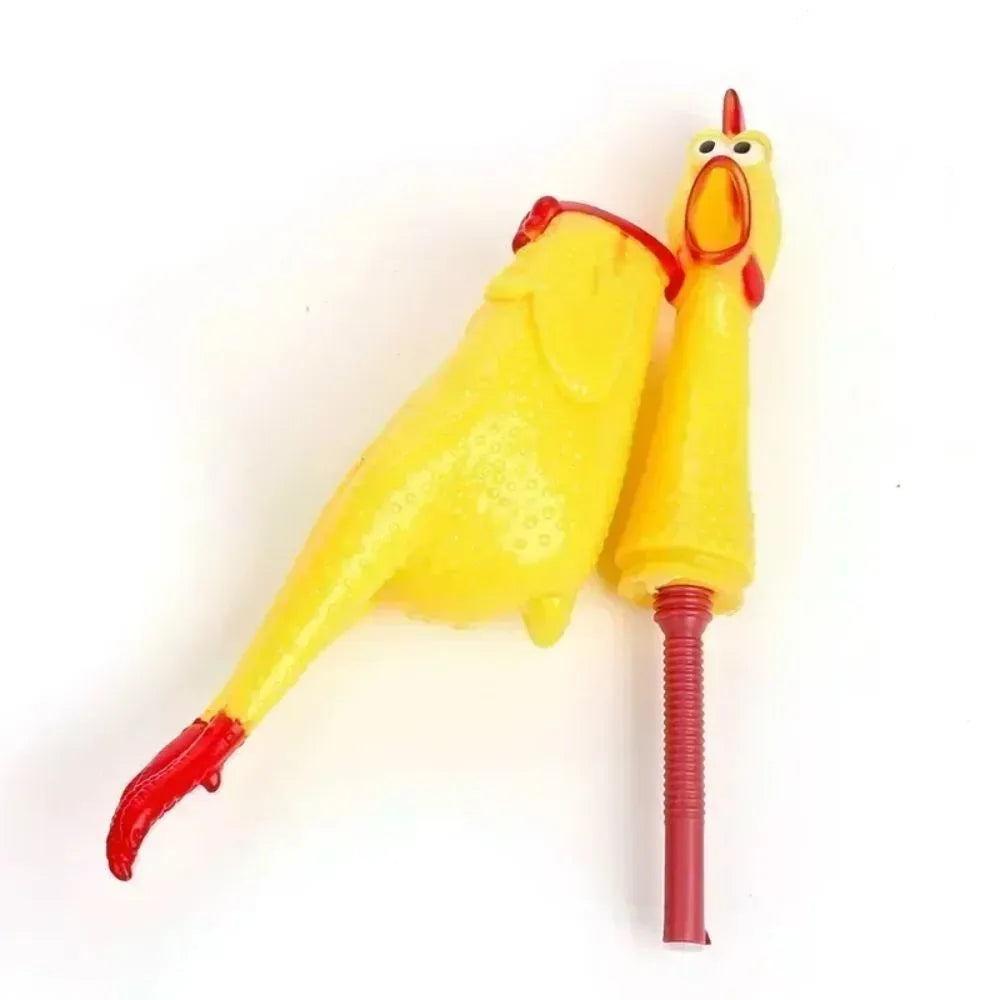Yellow rubber screaming chicken dog squeak toy shown in small, medium, and large sizes.