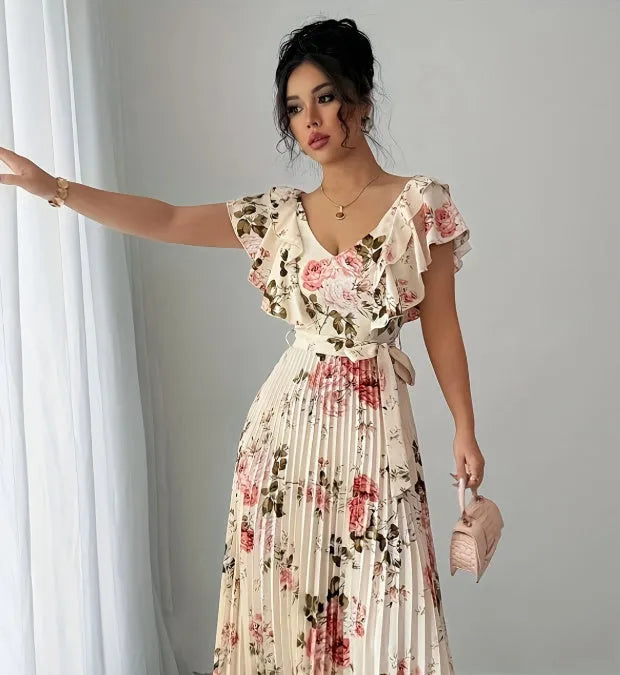 Apricot floral print dress with V-neck, ruffled short sleeves, and a high-waisted long swing skirt