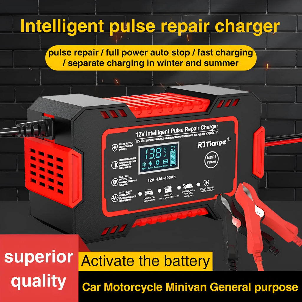 Red US standard car battery charger for lead-acid batteries with reverse connection protection, 213x110x64mm