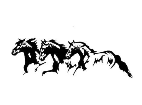 Black, white, red, and blue three-horse steed vinyl car decal sticker measuring 25 by 8 centimetres.