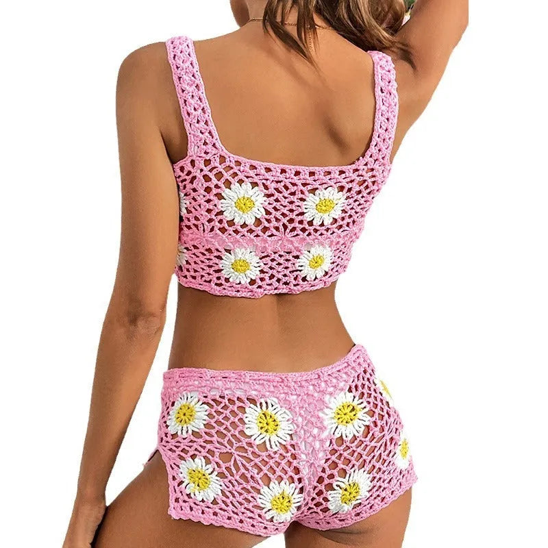 Light green floral vest bikini set with matching pants for swimming.
