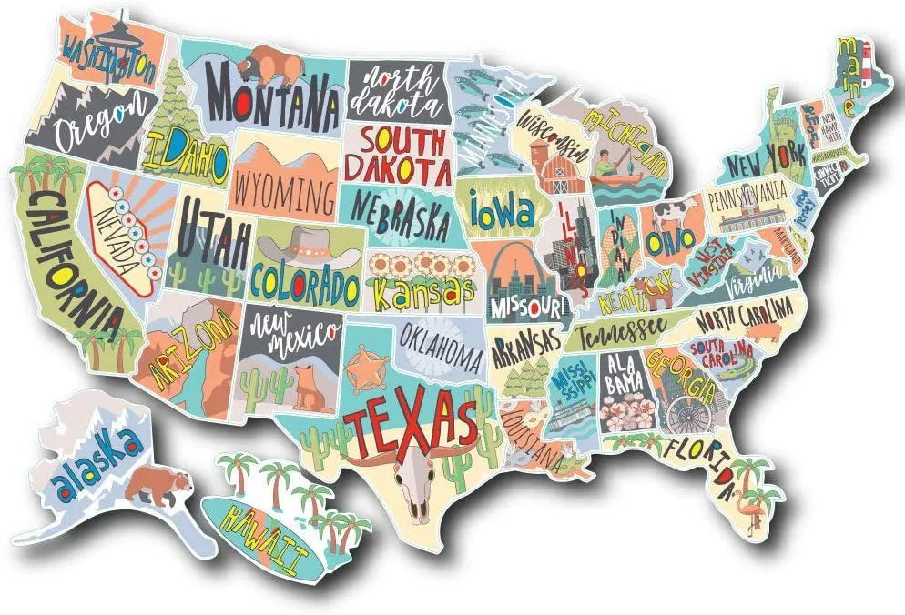 Travel car body sticker set showing adhesive letters with white background map design