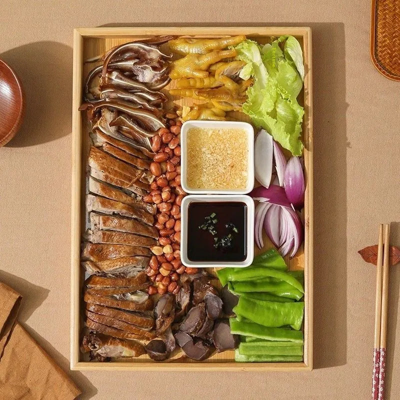 Square bamboo barbecue plate tray with brown handle in solid colour