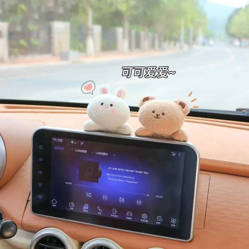 Cute cartoon plush car centre console decoration in fabric with bear or rabbit screen doll option
