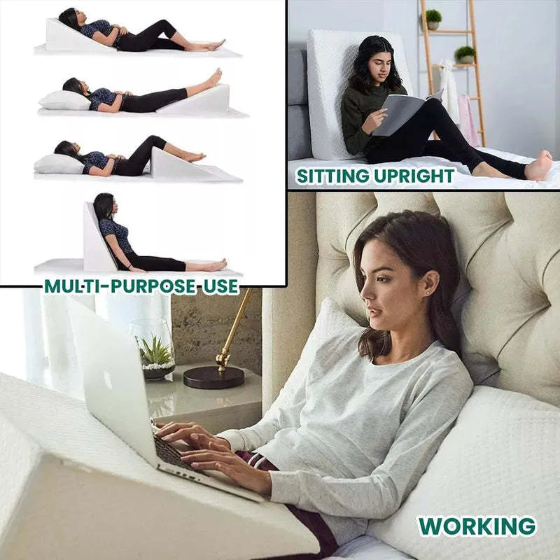 White triangle memory foam wedge cushion measuring 40x20x20cm on a neutral background