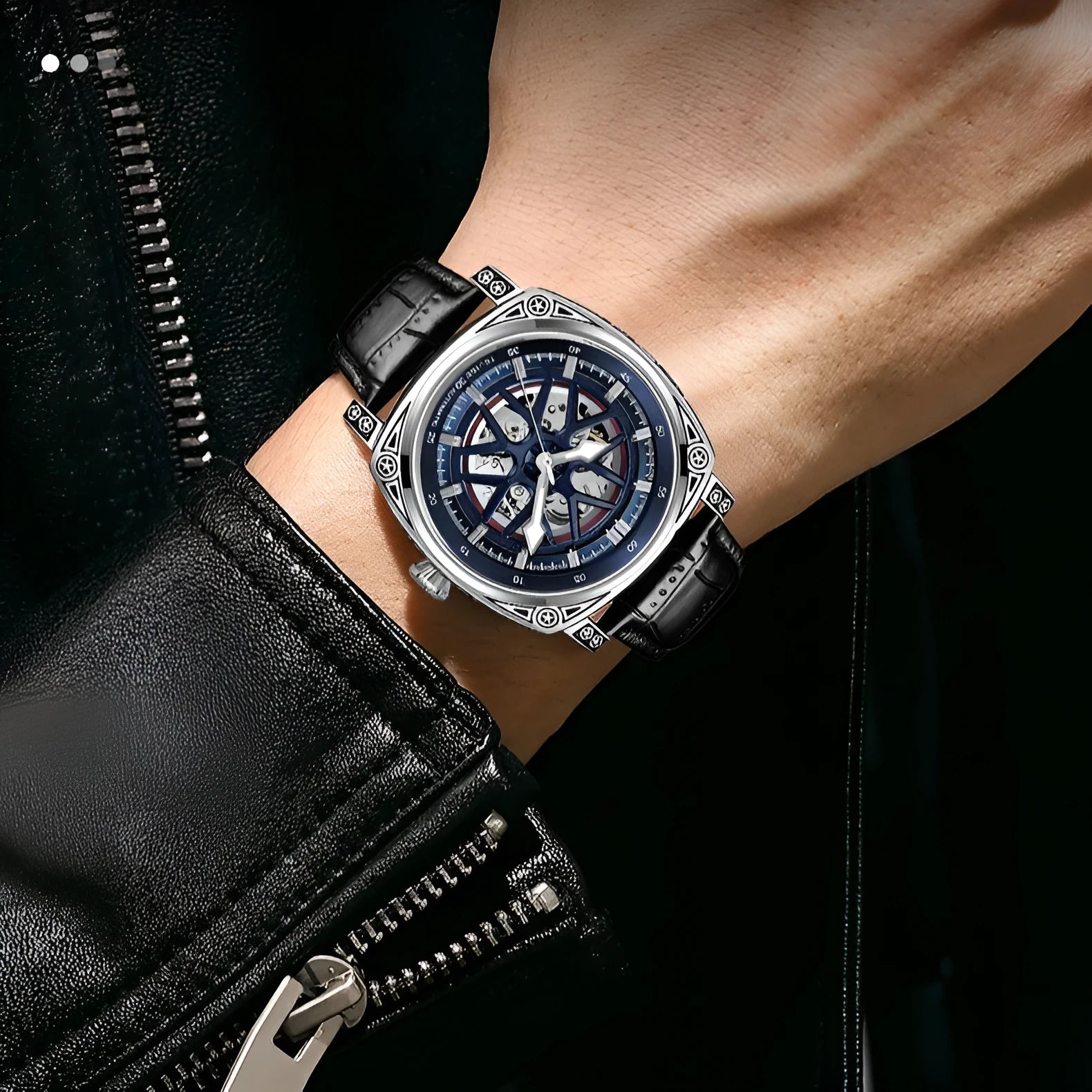 Automatic mechanical men's watch with stainless steel case and leather strap in four colour options