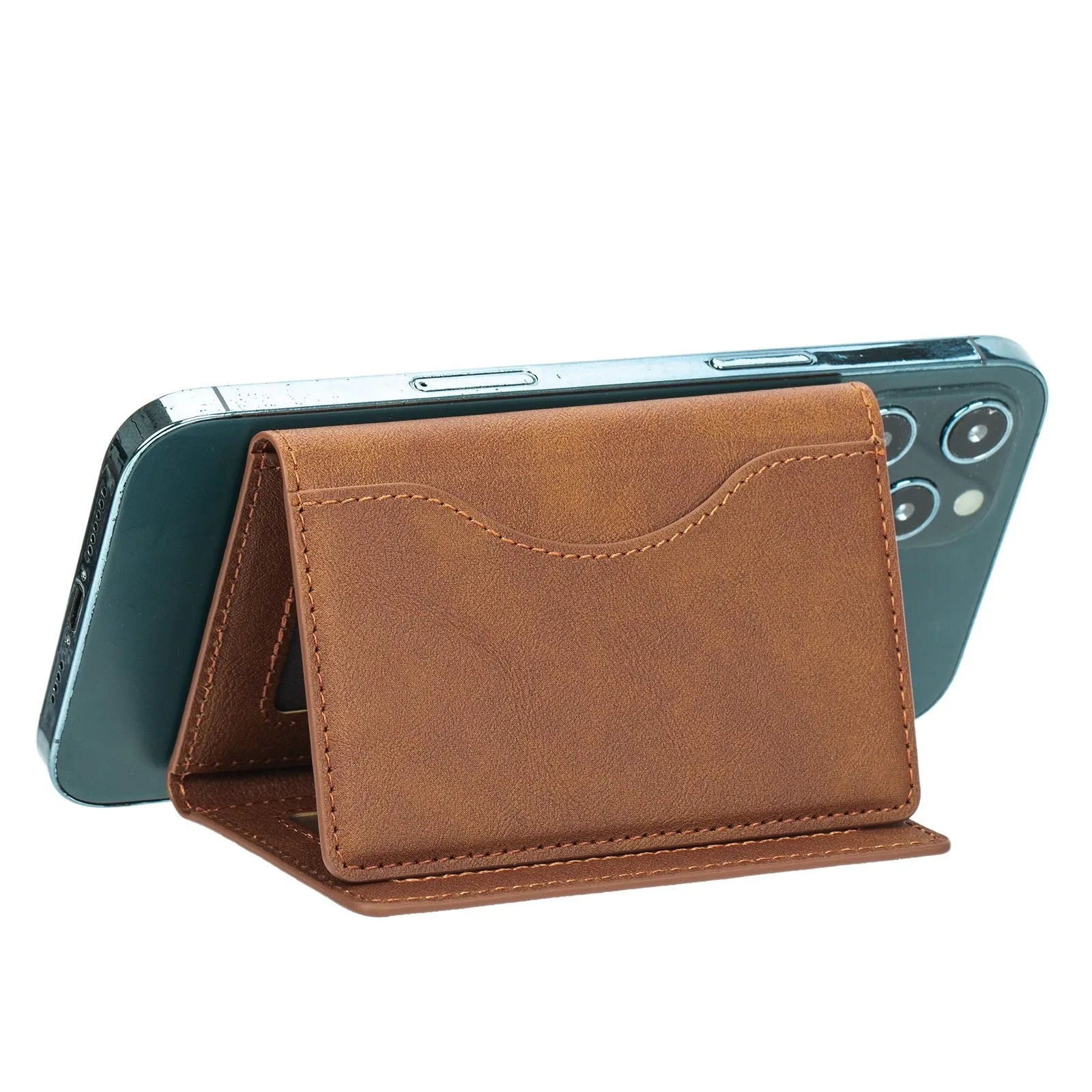 Leather tri-fold magnetic wallet card holder in black with embossed texture