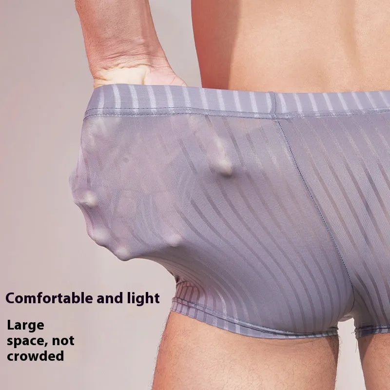 Men's black and white striped low-rise nylon briefs, thin transparent fabric.