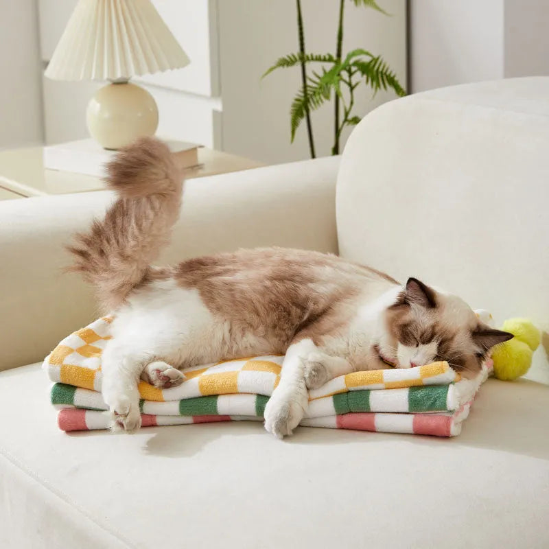Plaid pattern pet blanket for cats and dogs on furniture with soft fleece material