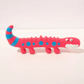 Green cartoon lizard shaped squeaky dog chew toy on a white background.