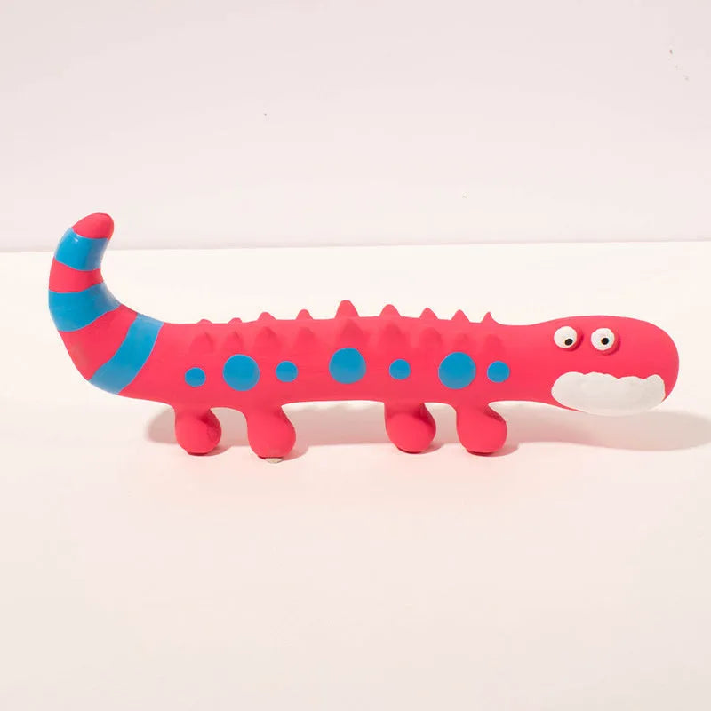 Green cartoon lizard shaped squeaky dog chew toy on a white background.