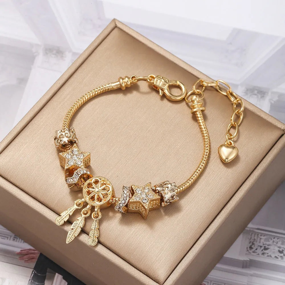 DIY bracelet with star bead and dreamcatcher pendant in KC gold finish with lobster clasp