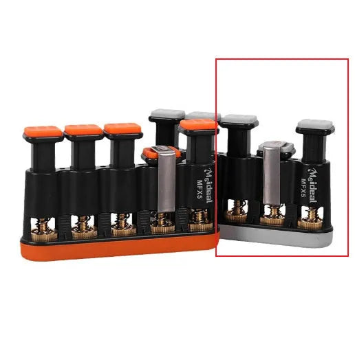 Grey and orange silicone finger trainer for hand strength development in piano, guitar, guzheng practice.