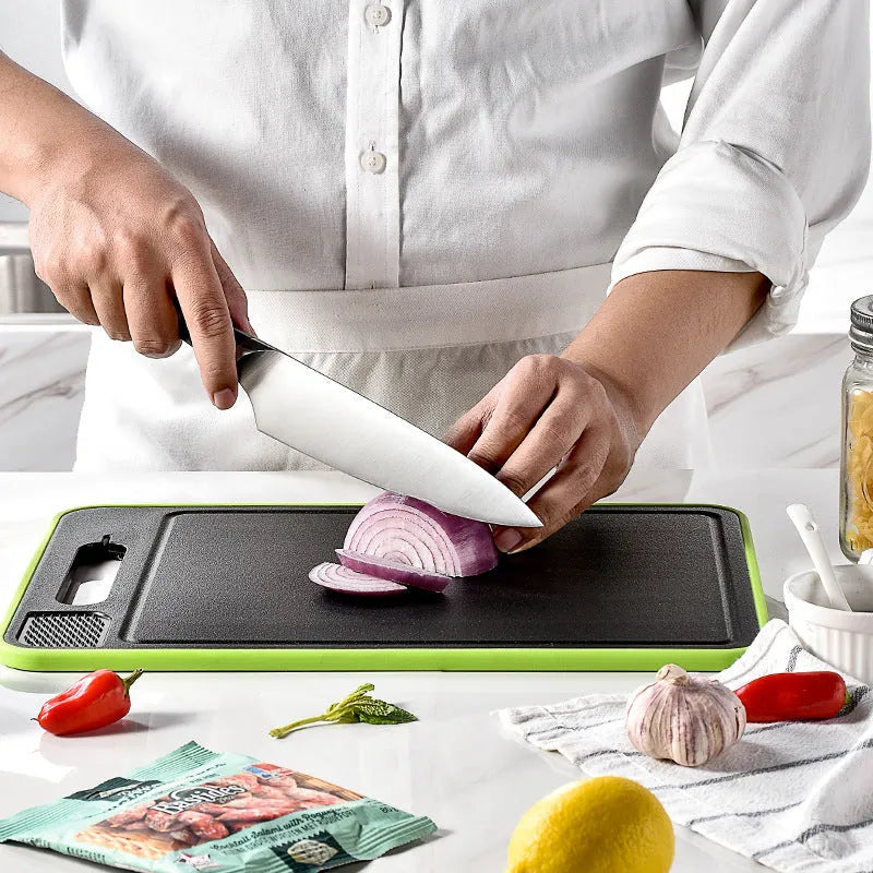 Grey square aluminium double-side cutting board with defrosting function and knife sharpener