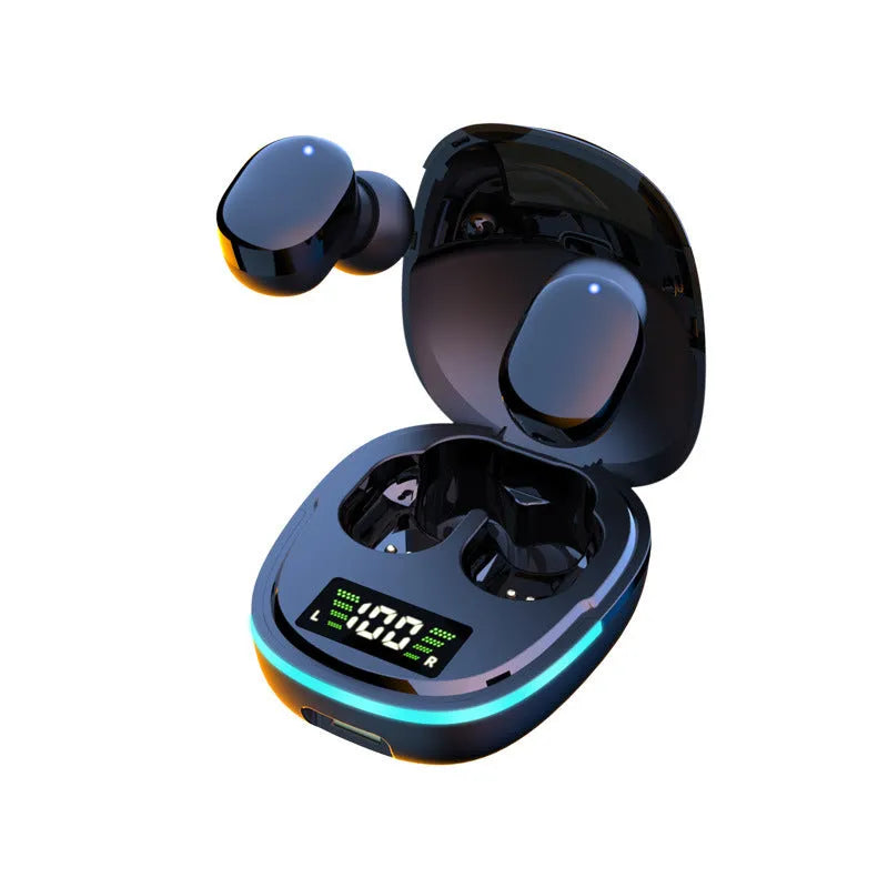 Black wireless Bluetooth headphones with charging case showing digital battery display
