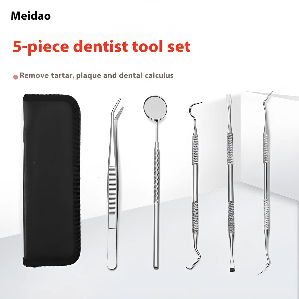 Stainless steel dental tools set with oral mirror and cleaning instruments