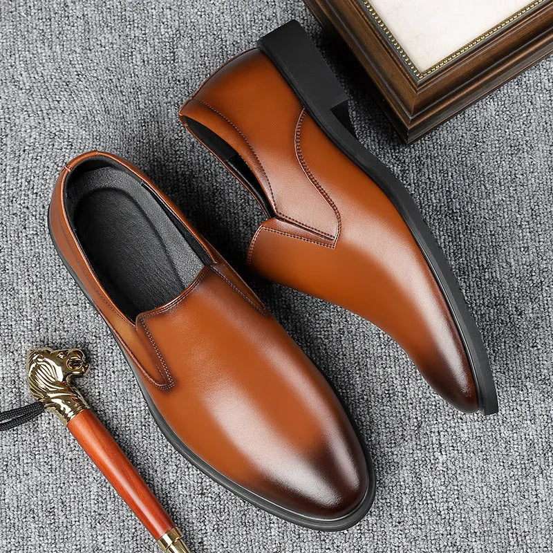 Men's black breathable leather slip-on business casual shoes with rubber sole