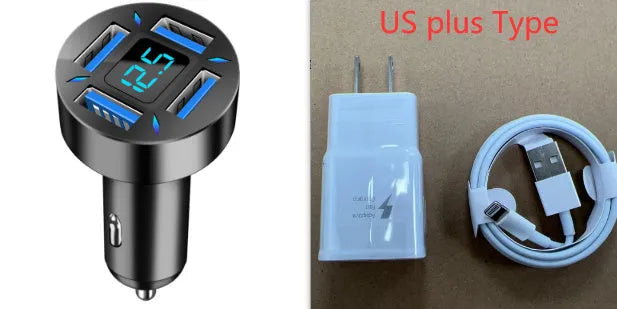Four-port USB car charger with digital LED display plugged into a car dashboard