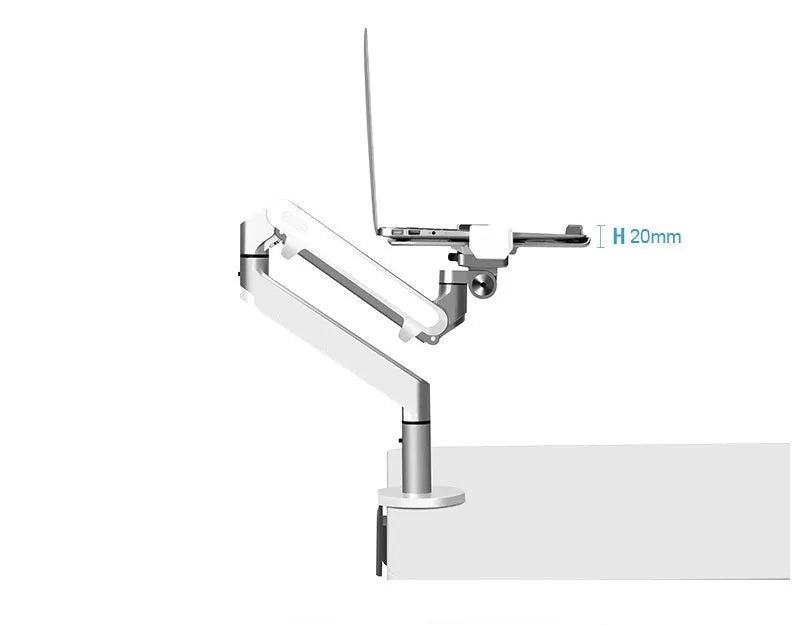 Silver aluminium alloy Free Hover laptop stand with adjustable air pressure arm on a desk.
