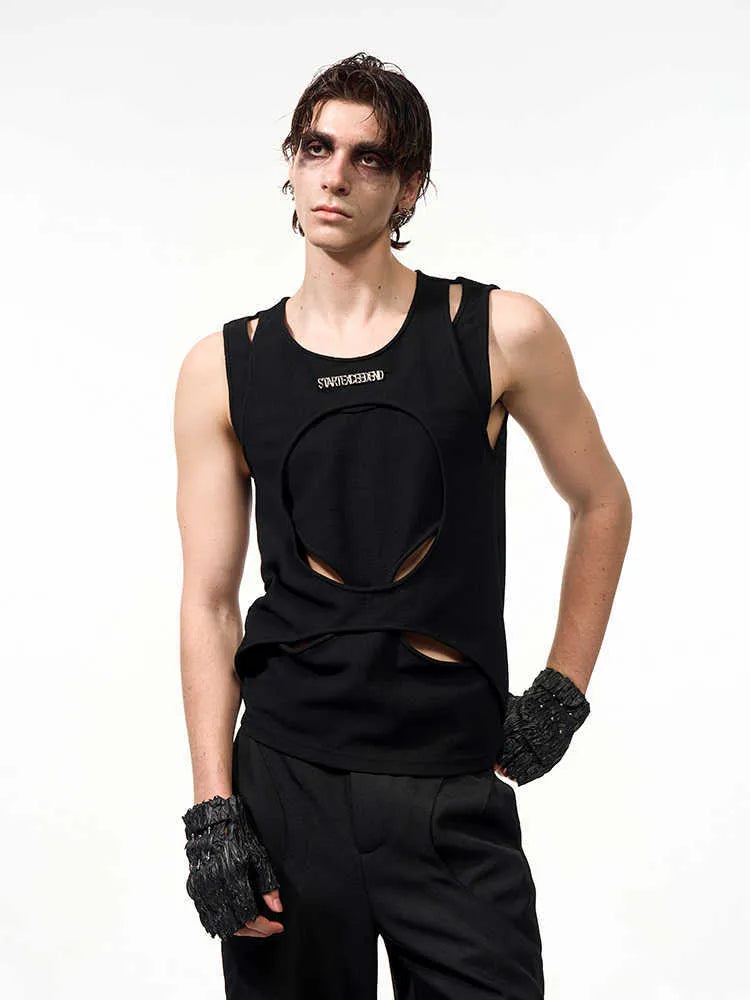 Men's hollow thread summer waistcoat round neck vest in black or white