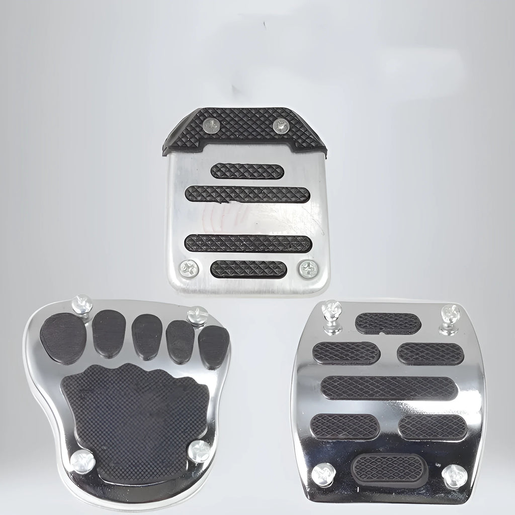 Metal motorcycle brake pedal skid plate showing three style variations for universal fit