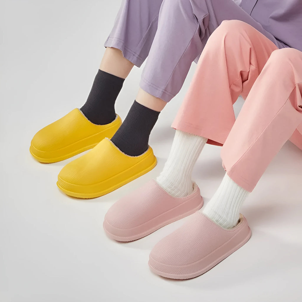Large size waterproof non-slip warm cotton slippers for men and women, EVA sole and upper, oversleeve style, flat heel, available in multiple colours
