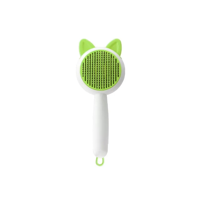 Self-cleaning cat grooming brush with stainless steel pins in greenish white and orange white colour options