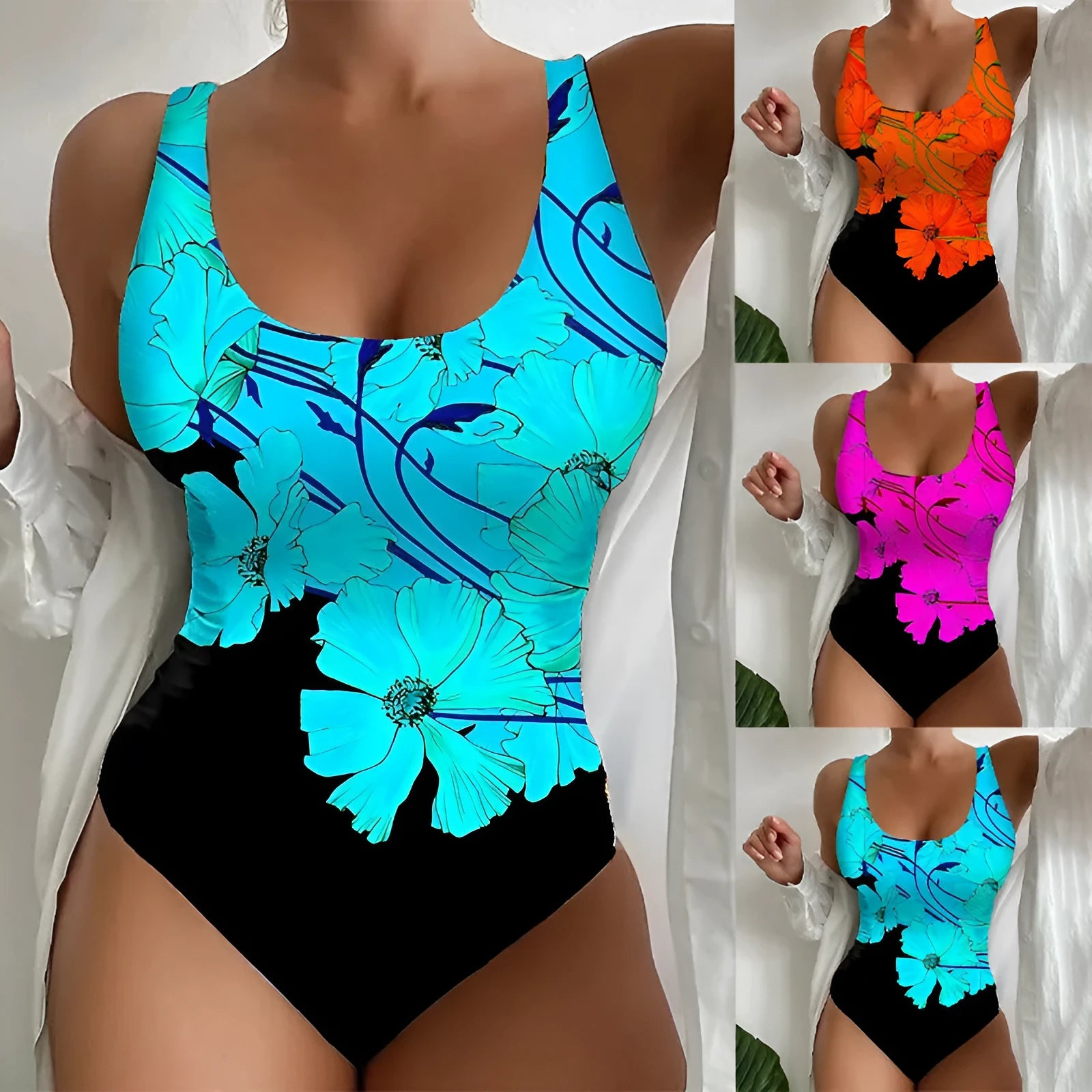 Women's one-piece swimsuit with 3D printed pattern in orange red, shown front view.