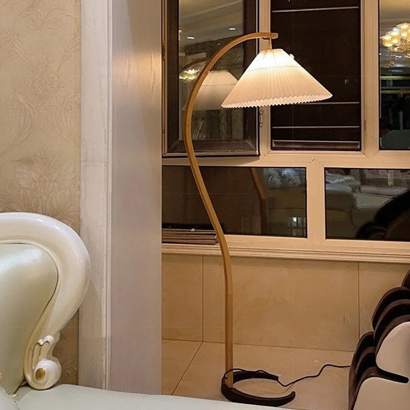 Retro vertical table lamp with fabric shade in floor-standing design for sofa edge placement