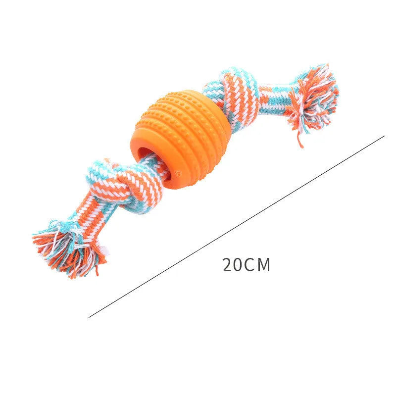 Dog bite-resistant teeth cleaning toy with double knot cotton cord and TPR ball in blue, orange, pink, red colours