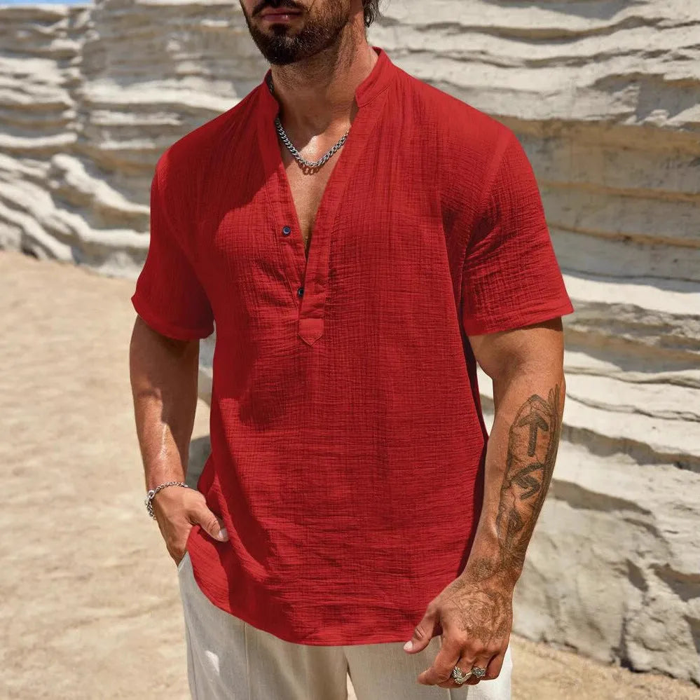 Men's short sleeve casual shirt in polyester blend fabric with stand collar