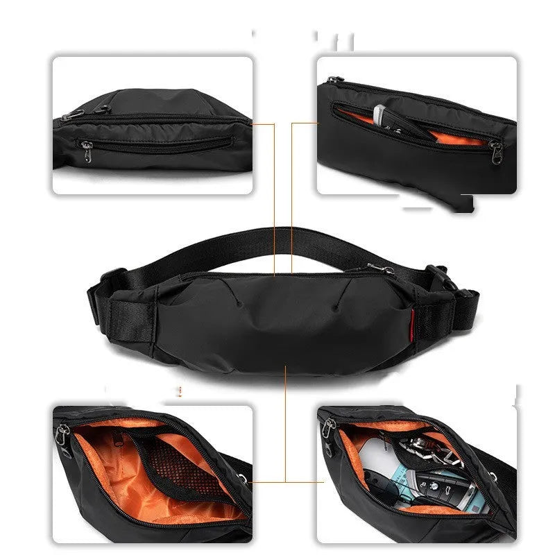 Black Oxford cloth waist pack showing multiple internal pockets including phone and ID compartments
