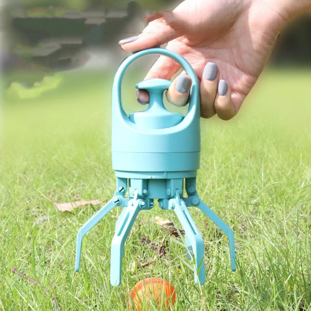 Blue plastic portable dog pooper scooper with built-in bag dispenser and eight-claw shovel