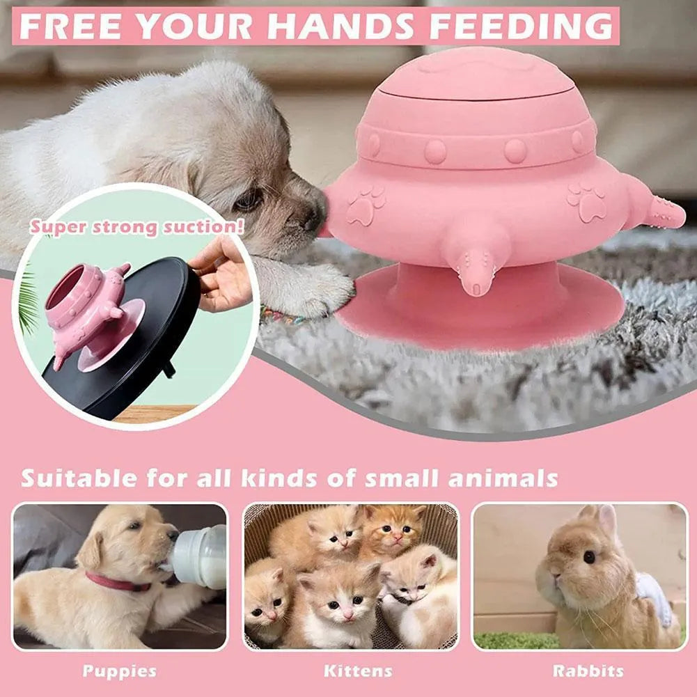 Pink silicone pet nursing device with bionic breast-shaped milk bowl for feeding puppies and kittens