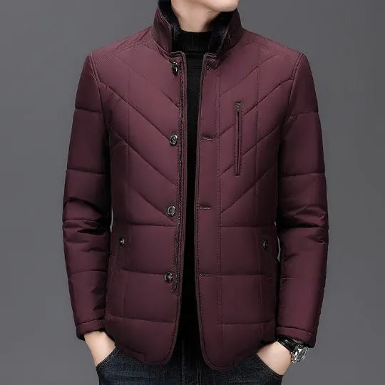 Men's dark blue polyester winter coat with side seam pockets on a hanger