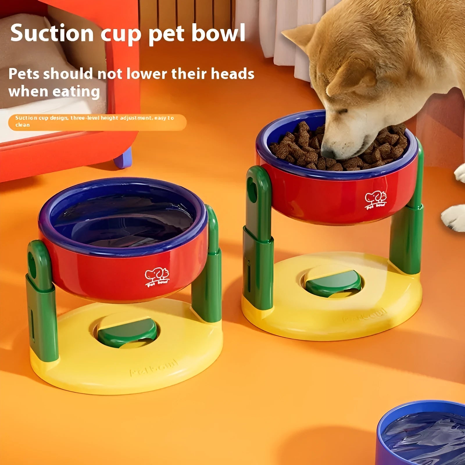 Suction cup cat bowl with adjustable lifting in pink on tile floor