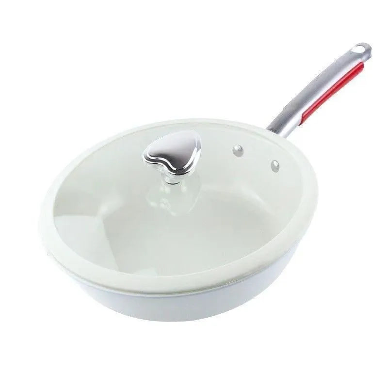 28cm non stick stir fry pan with refined iron body, ceramic glaze coating, and stainless steel glass lid