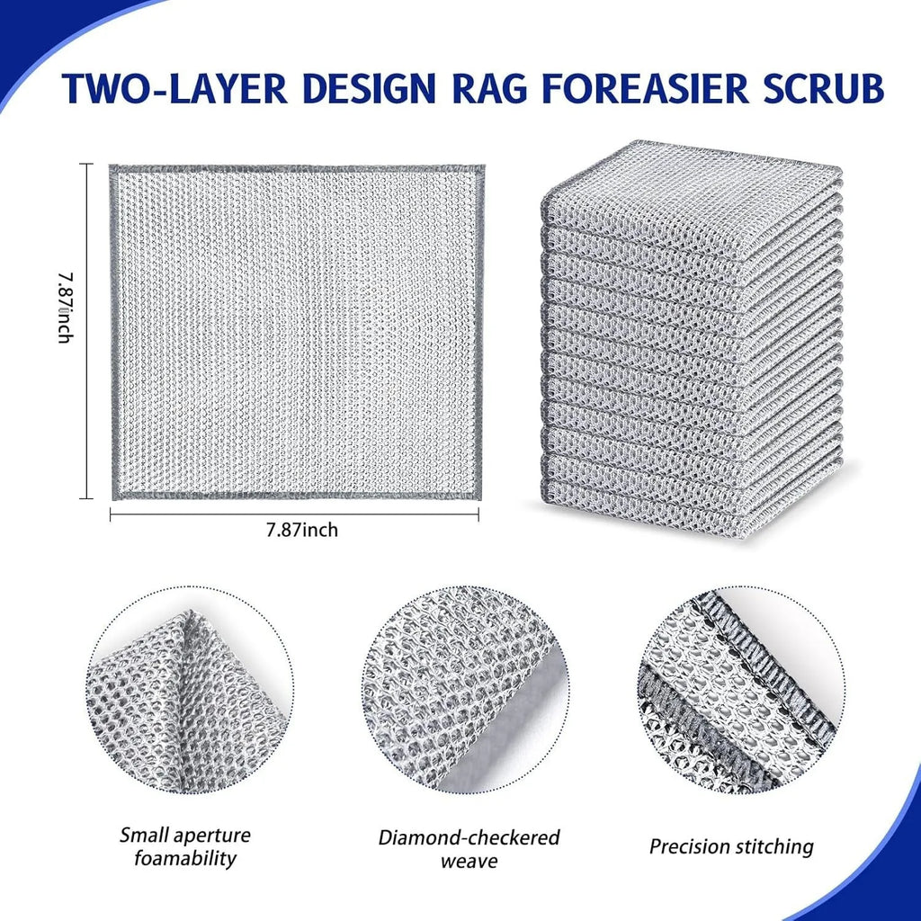 Silver wire and coloured microfibre cleaning rags in 20cm and 25cm square sizes for pots and bowls.