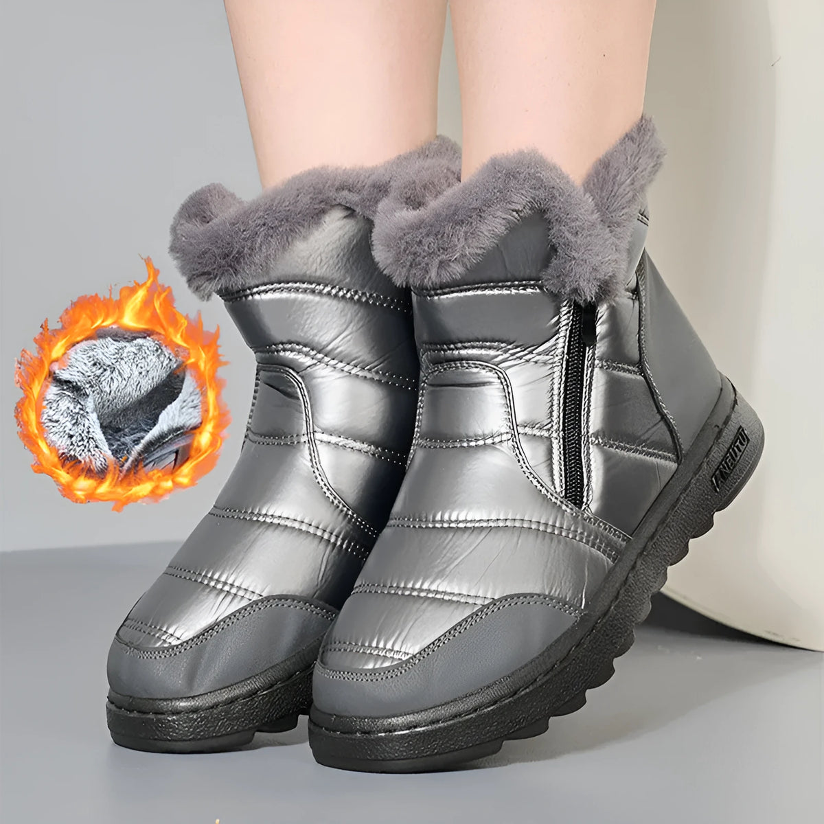 Winter thick plush snow boots with side zipper for women, high top platform, fur upper, round toe, black