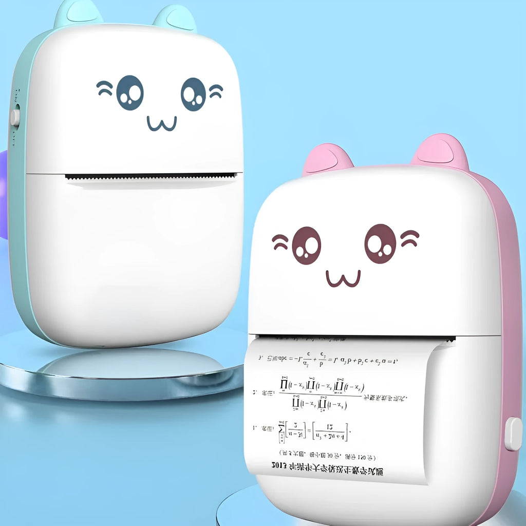 Pink mini Bluetooth thermal printer on a desk with a phone and printed note, measuring 11x8x3.5cm