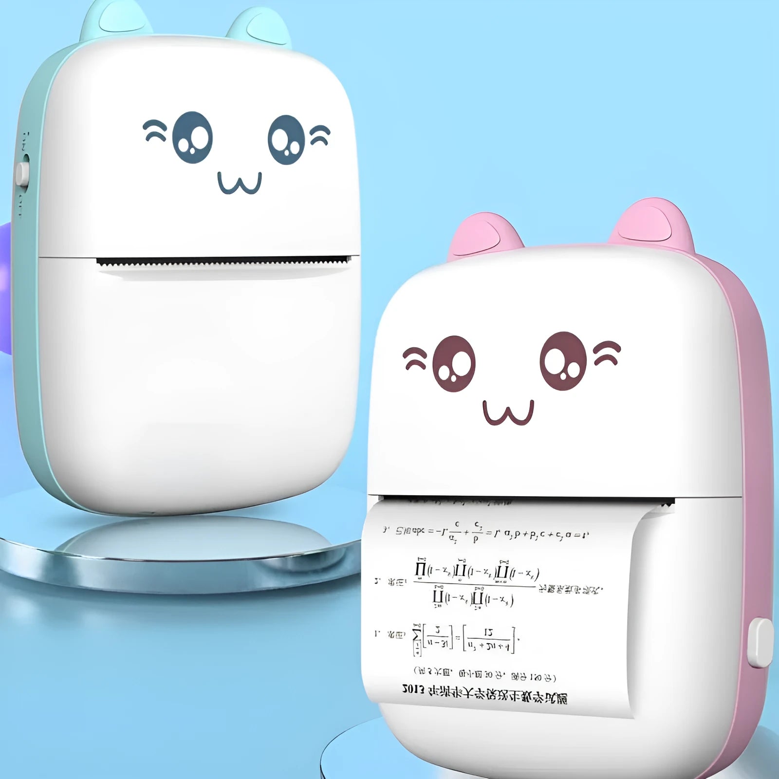 Pink mini Bluetooth thermal printer on a desk with a phone and printed note, measuring 11x8x3.5cm